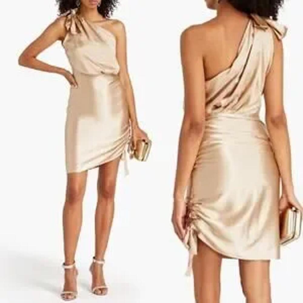 Retrofete Nadia One shoulder Ruched Stretch Silk Satin Mini Dress Large New